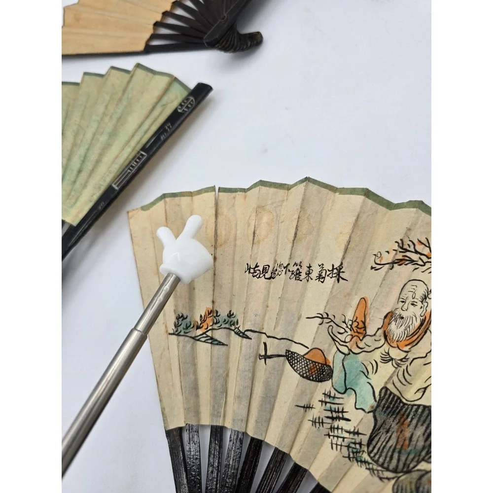 3 Lot Matching VTG Chinese Folding‎ Hand Fans Handmade Painted Rice/Bamboo Paper - Picture 8 of 16